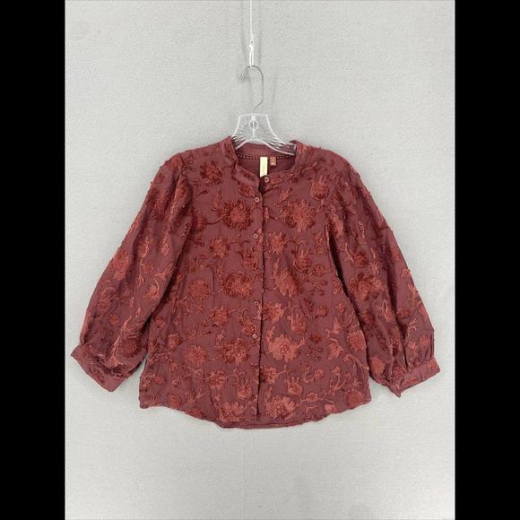 Pilcro Blouse Womens Size Medium Red Embroidered Whitney Trapeze Button Up Top - Picture 1 of 8